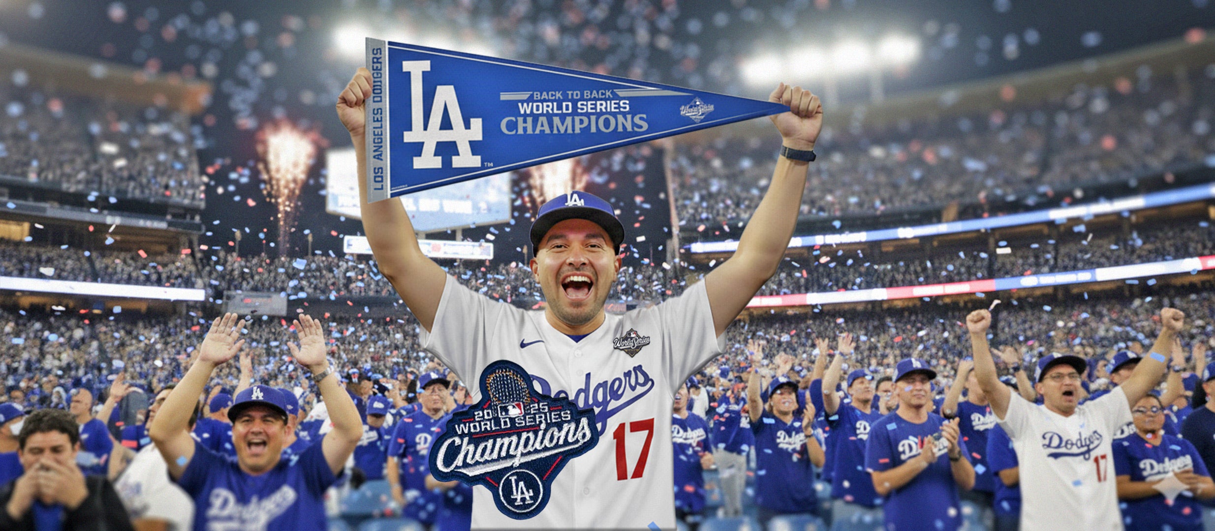 Person holding a championship banner with a cheering crowd in the background