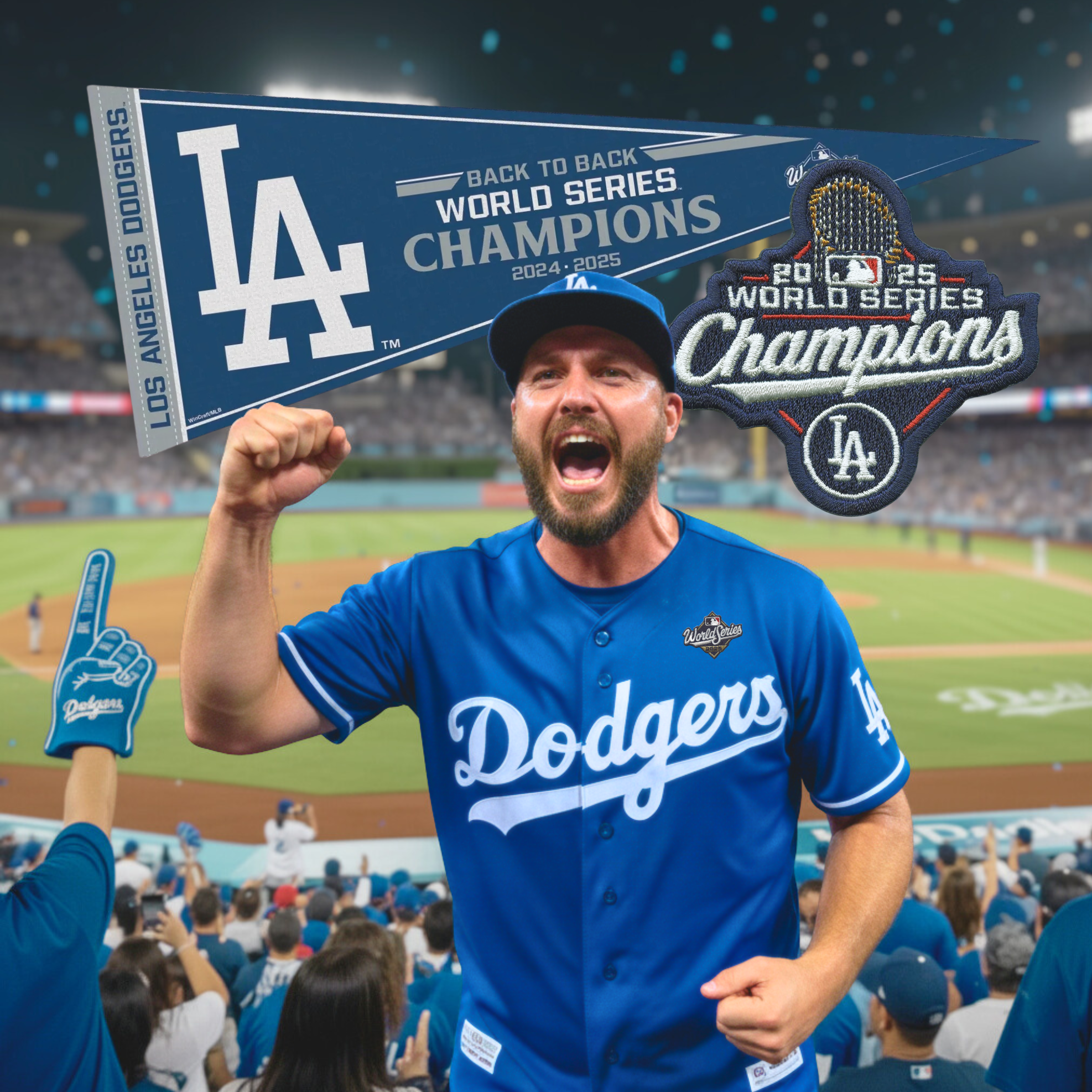 Man in Los Angeles Dodgers uniform celebrating with championship banner on a baseball field