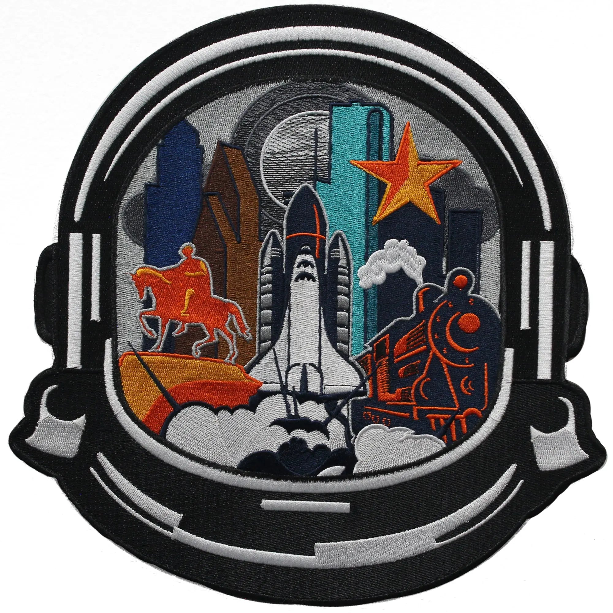 Patch brodé thermocollant représentant un train-fusée en forme d'étoile représentant un casque d'astronaute sur la ligne d'horizon de H-town