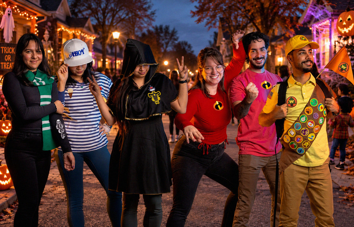 Five people posing together in a Halloween parade street setting at dusk, wearing colorful superhero and themed costumes with Incredibles-style logos and colorful patch-style accessories.