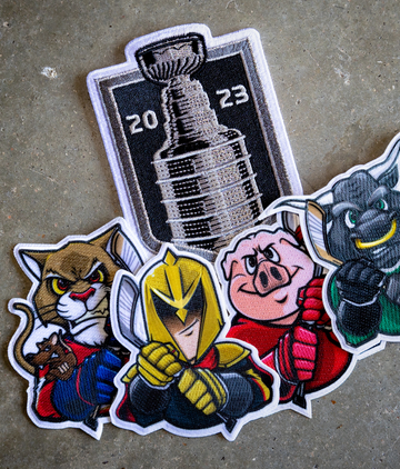 hockey mascot patches next to 2023 stanley cup patch