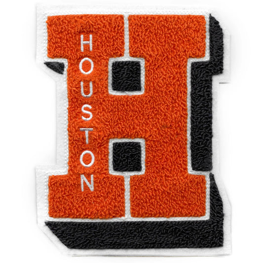 Houston Shadow H Letter Chenille Patch Orange and Blue Baseball Varsity Jacket Sew On