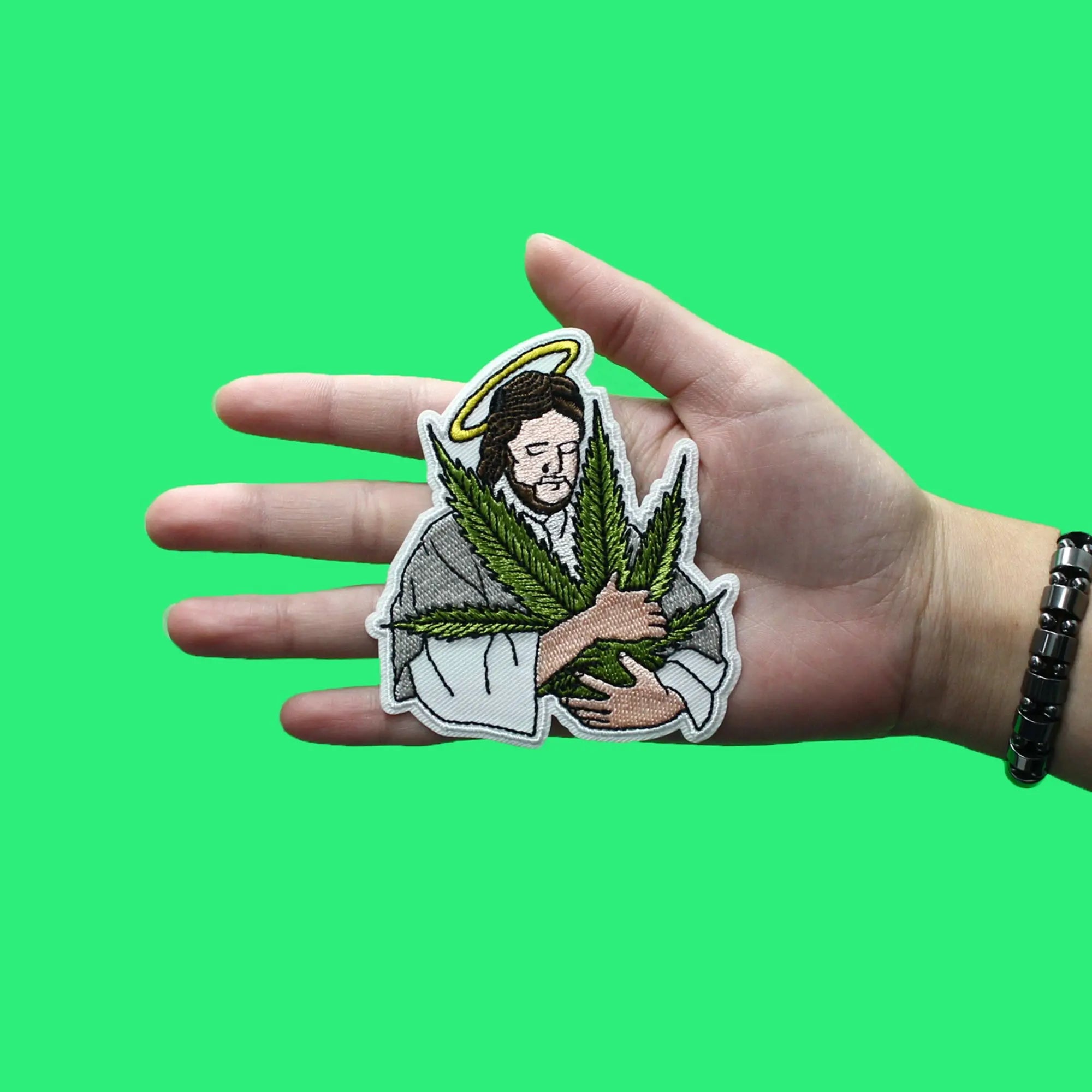 pothead jesus Jesus Bud Marijuana Leaf Patch Stoner Happy Embroidered Iron On Patch – Patch Collection