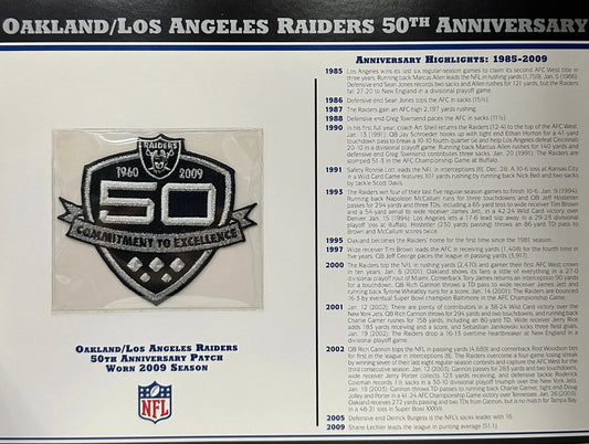 2009 Oakland / Los Angeles Raiders 50th Anniversary Willabee & Ward Patch With Stat Card