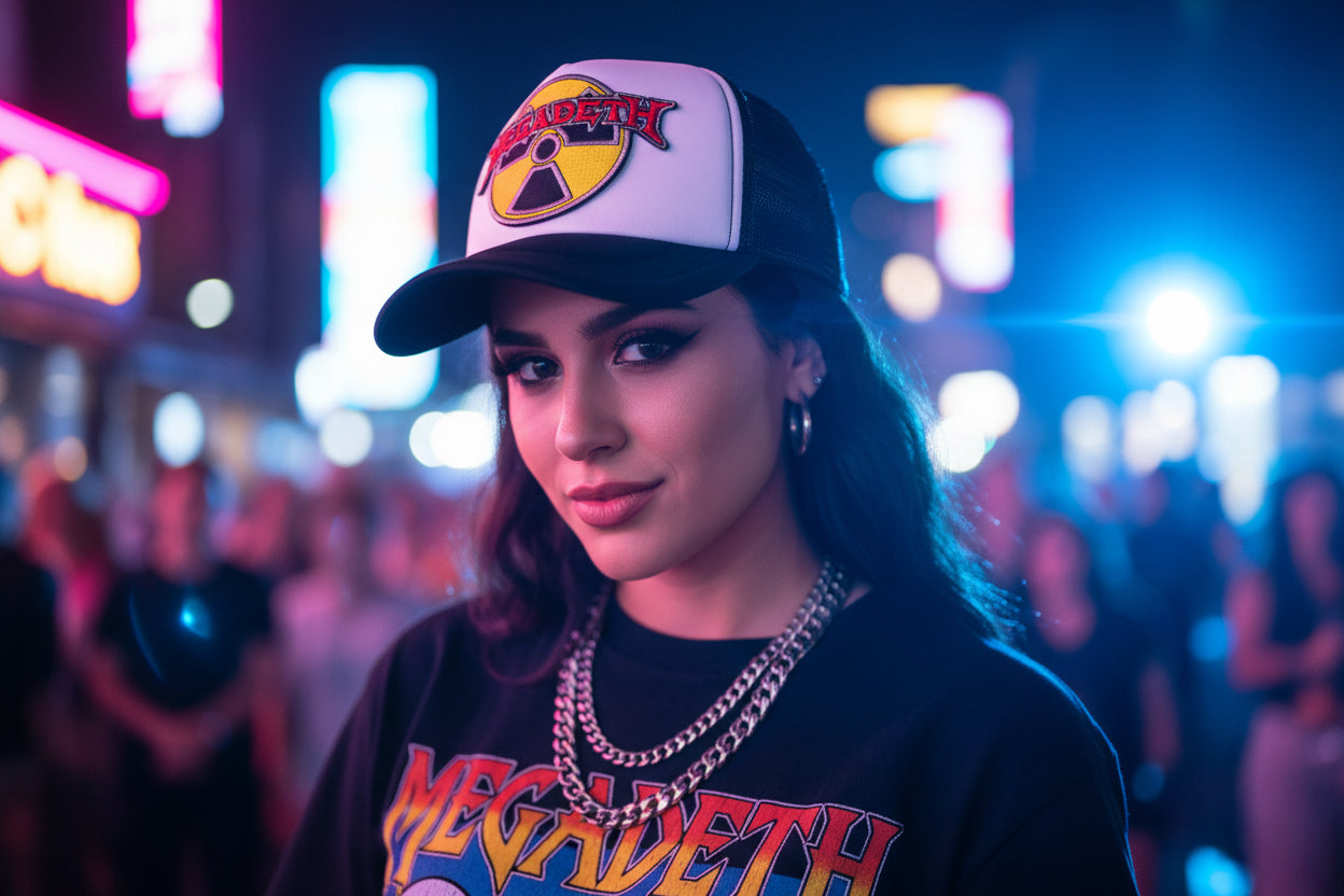 Person wearing a Megadeth cap and shirt in a neon-lit urban setting