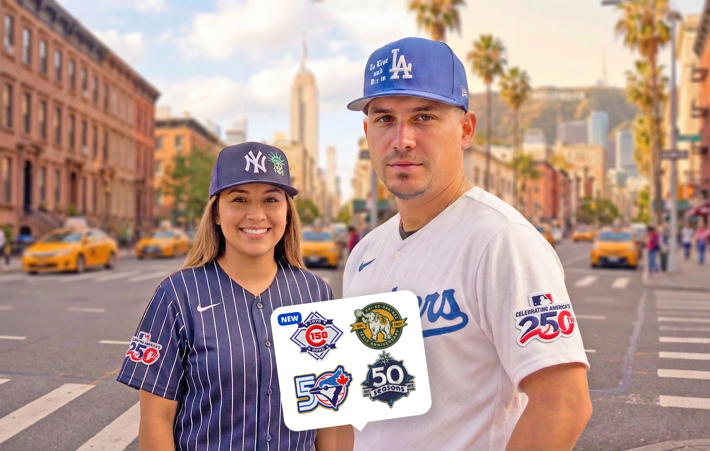 Two people wearing baseball jerseys with logos on a city street.