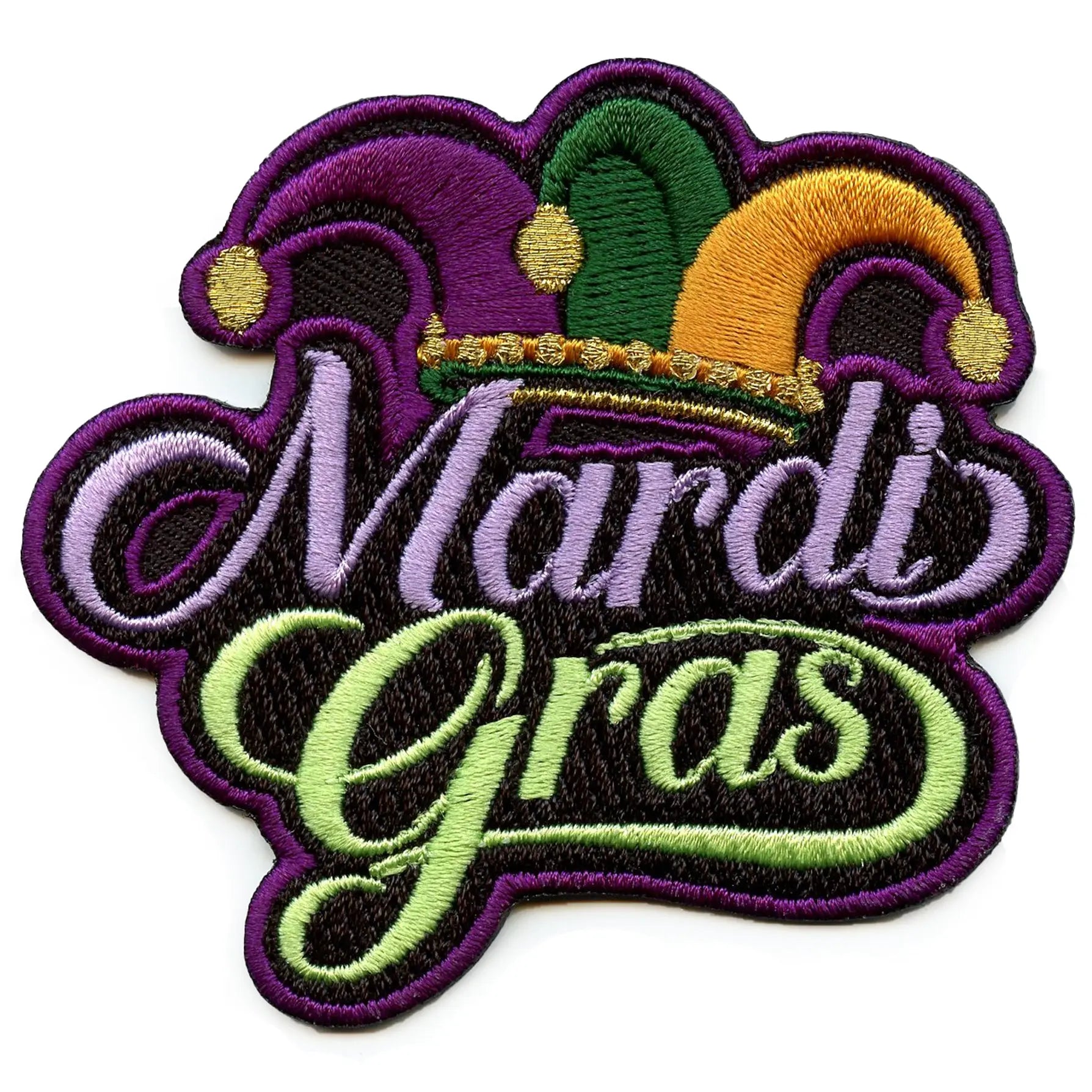 Mardi Gras Script Patch Celebration Jester Hat Embroidered Iron-On