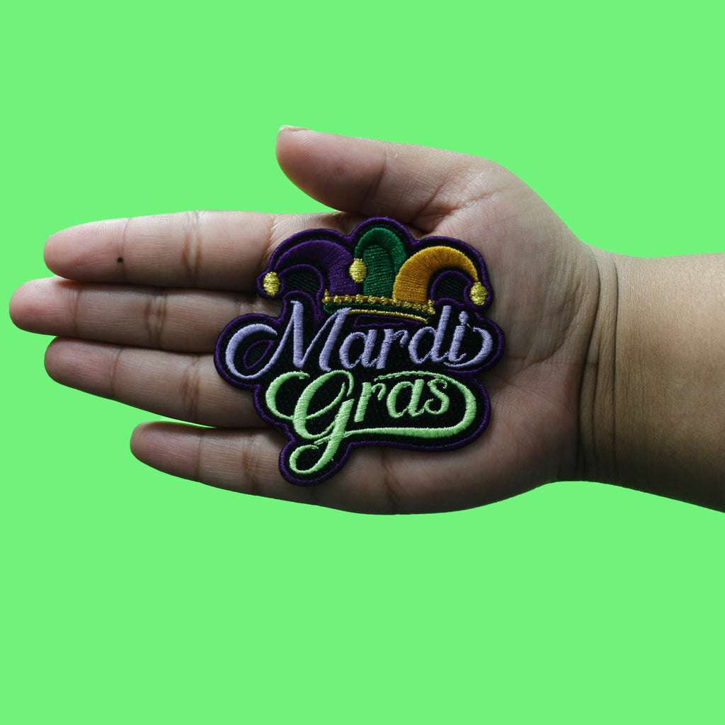 Mardi Gras Script Patch Celebration Jester Hat Embroidered Iron-On