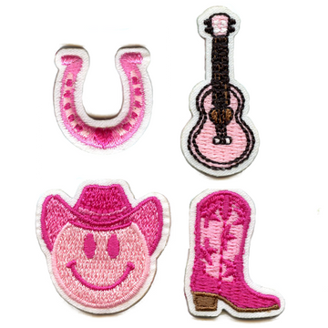 Pink Cowgirl 4 Pack Mini Set Patch Boots Guitar Smiley Embroidered Iron On