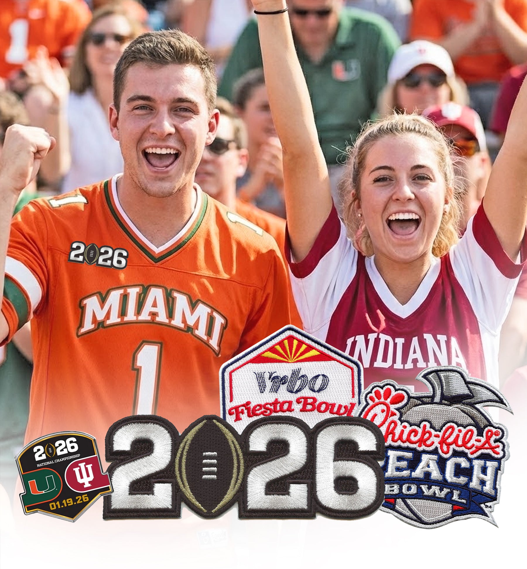 Two people celebrating with logos for the 2026 Fiesta Bowl and Chick-fil-A Peach Bowl.