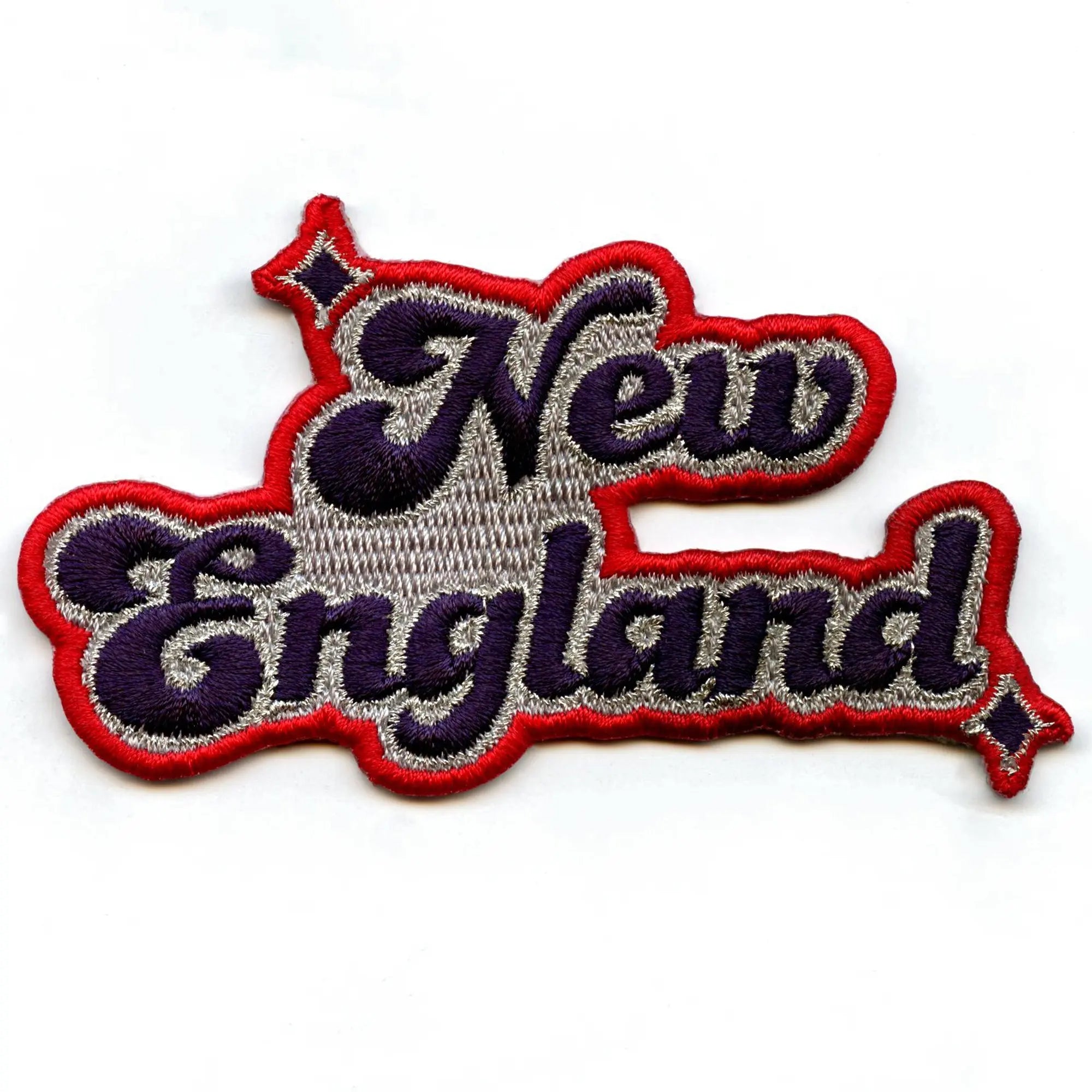 New England Sparkle Patch Grey/Red Script Football Embroidered Iron On