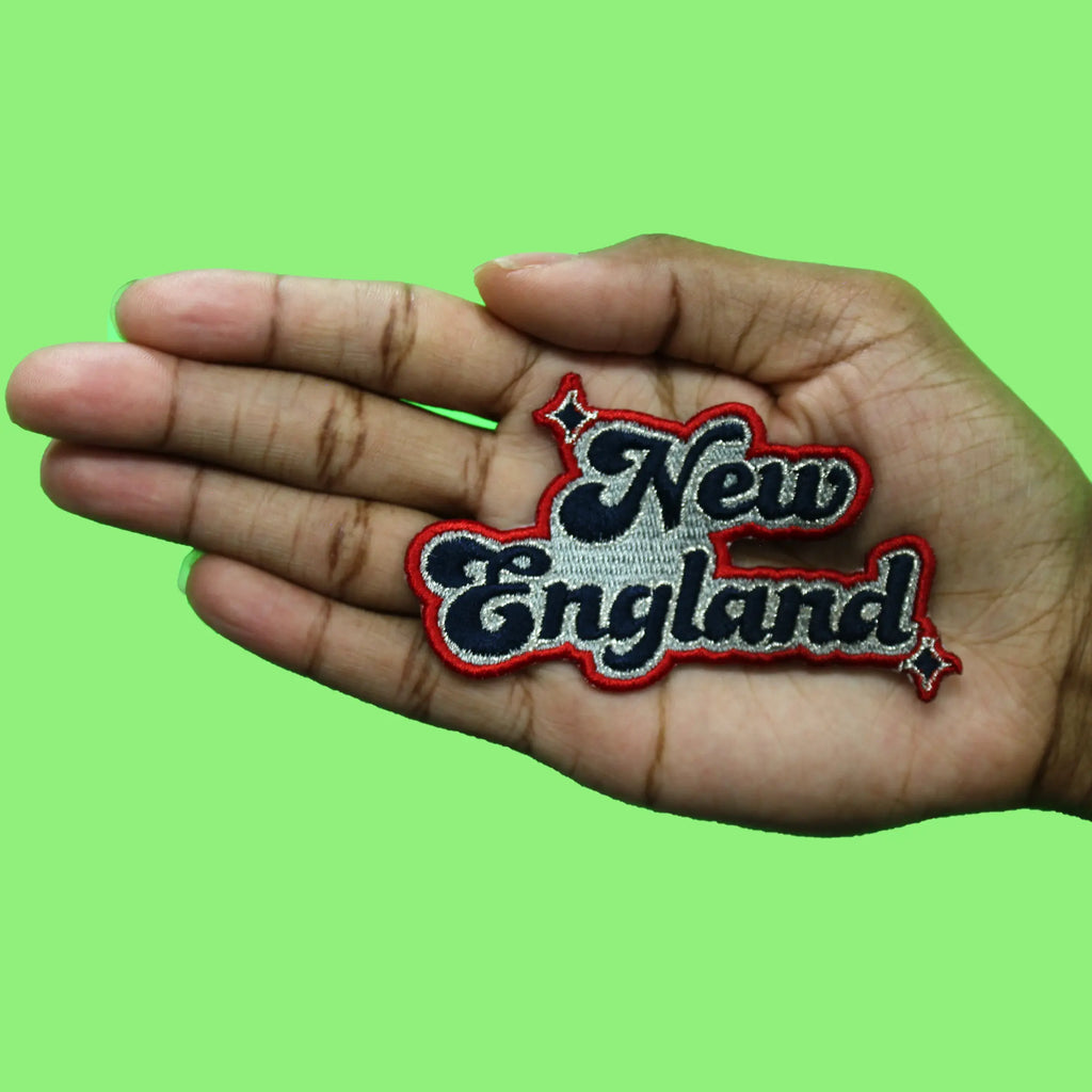 New England Sparkle Patch Grey/Red Script Football Embroidered Iron On