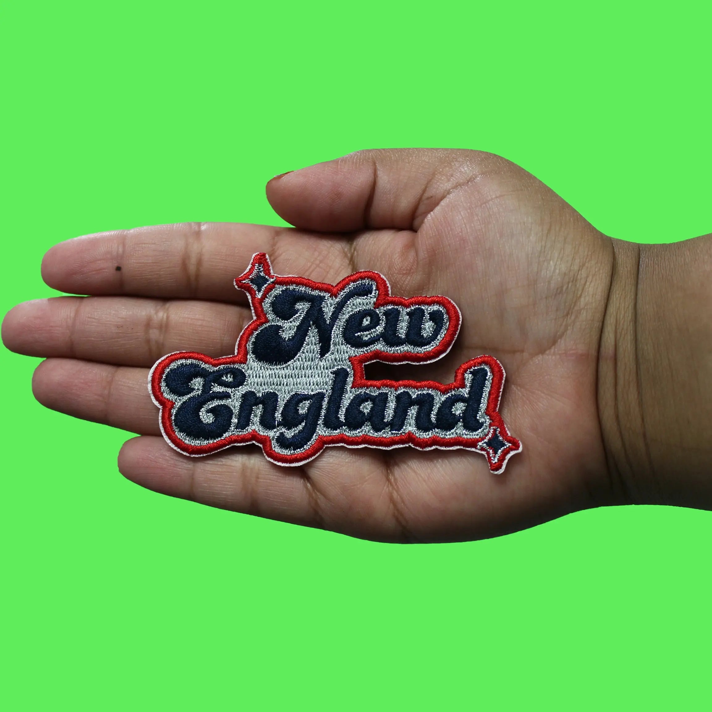 New England Sparkle Patch Grey/Red Script Football Embroidered Iron On