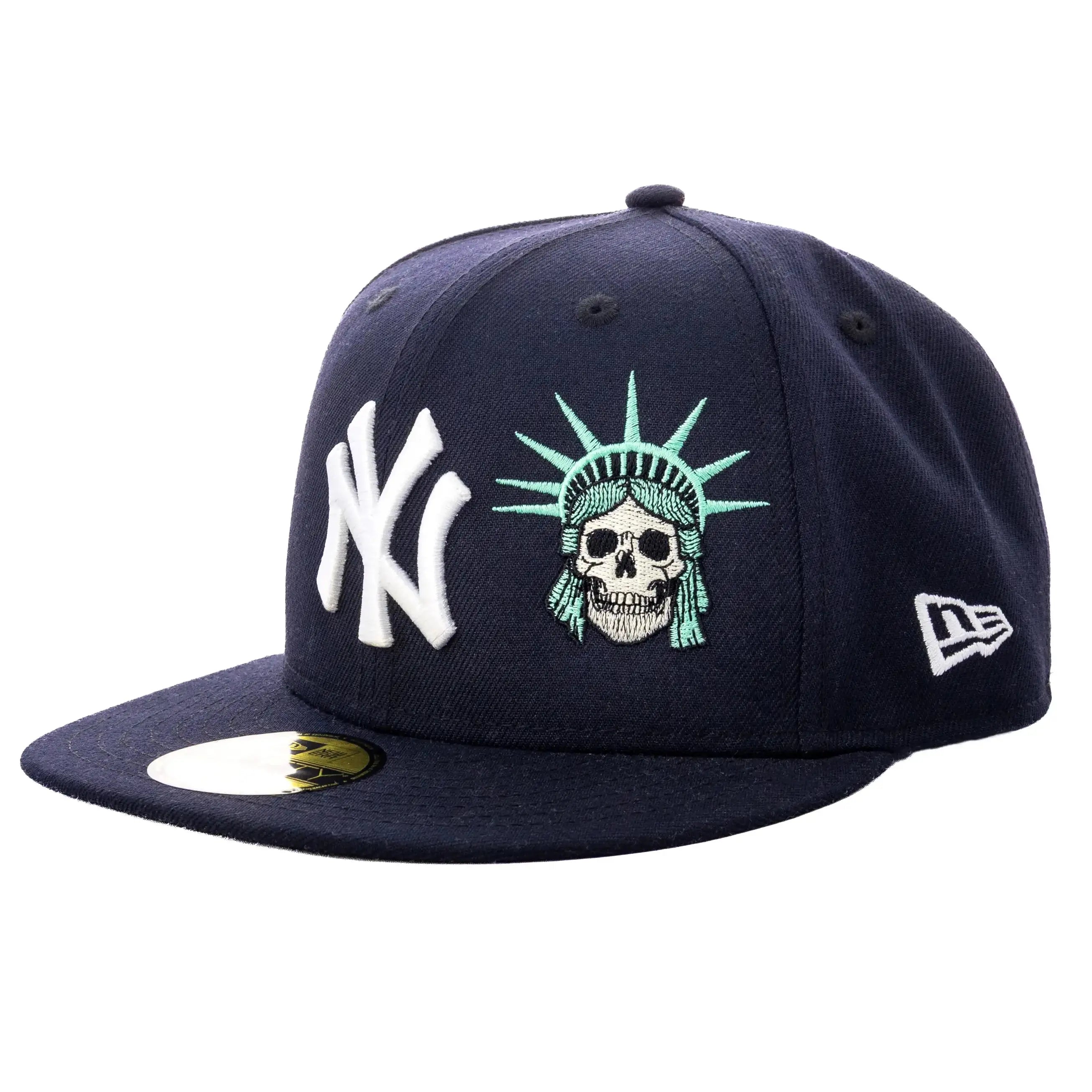 Navy blue cap with New York Yankees logo and skull design on a white background