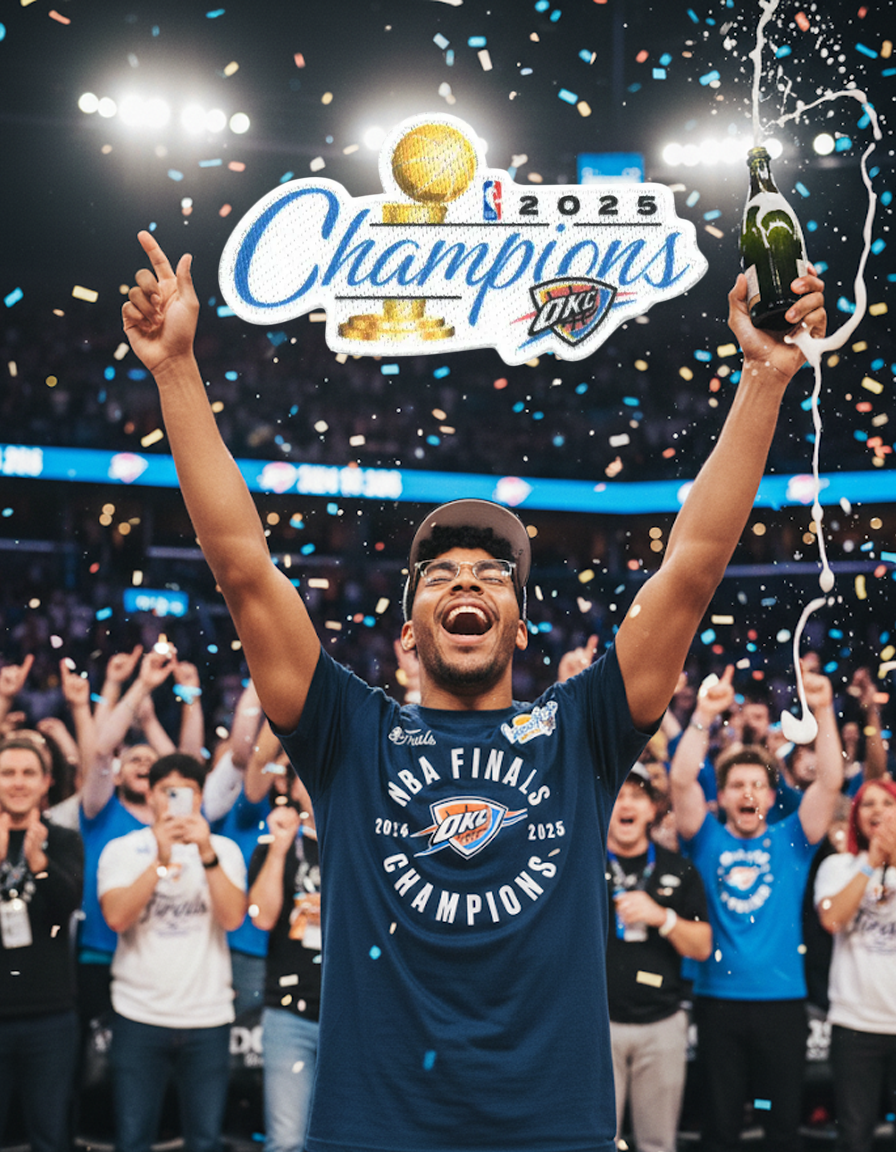 Person celebrating with a bottle of champagne in front of an NBA Champions backdrop