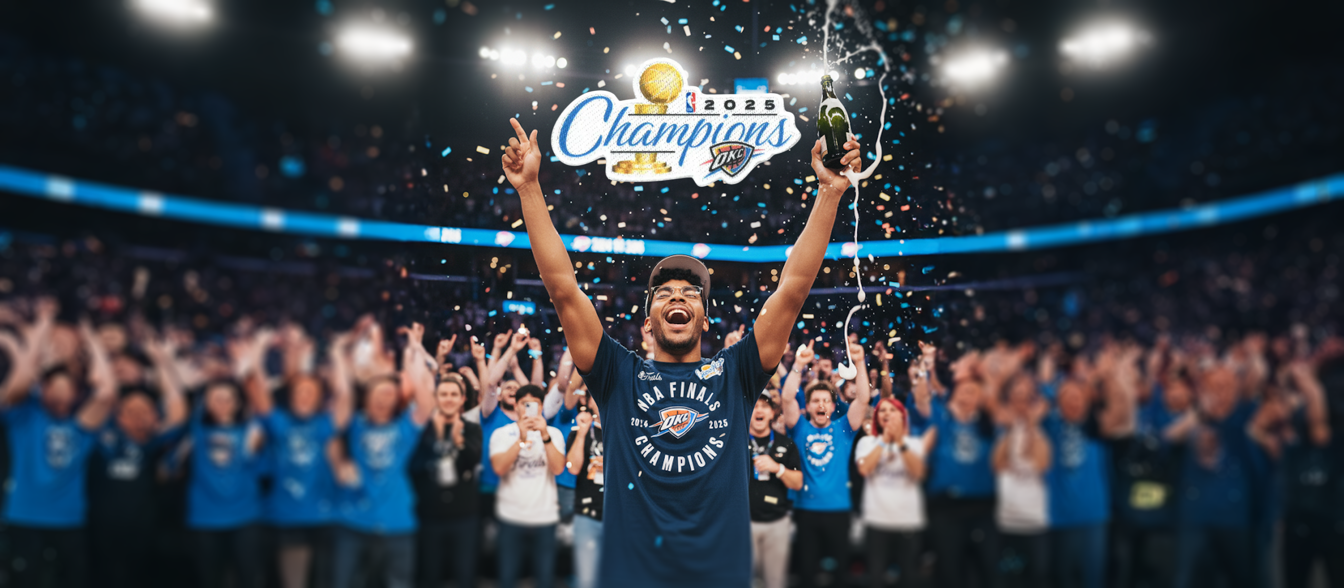 Person holding a championship trophy in front of a cheering crowd with 'Champions' text on a blue banner.