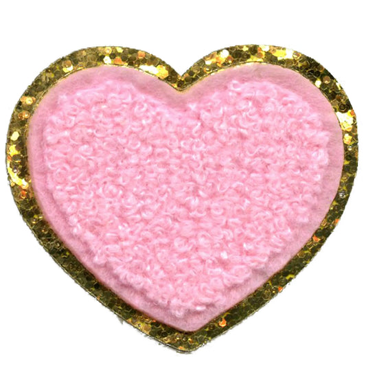 Lovely Pink Heart Patch Golden Cute Girly Chenille Iron On