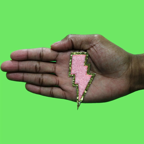 Pink Lightning Bolt Patch Weather Symbol Decor Chenille Iron On