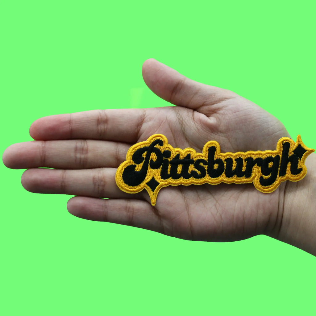 Pittsburgh Sparkle Script Patch Black Yellow Football Sports Embroidered Iron On