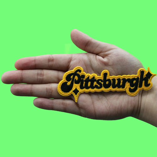 Pittsburgh Sparkle Script Patch Black Yellow Football Sports Embroidered Iron On