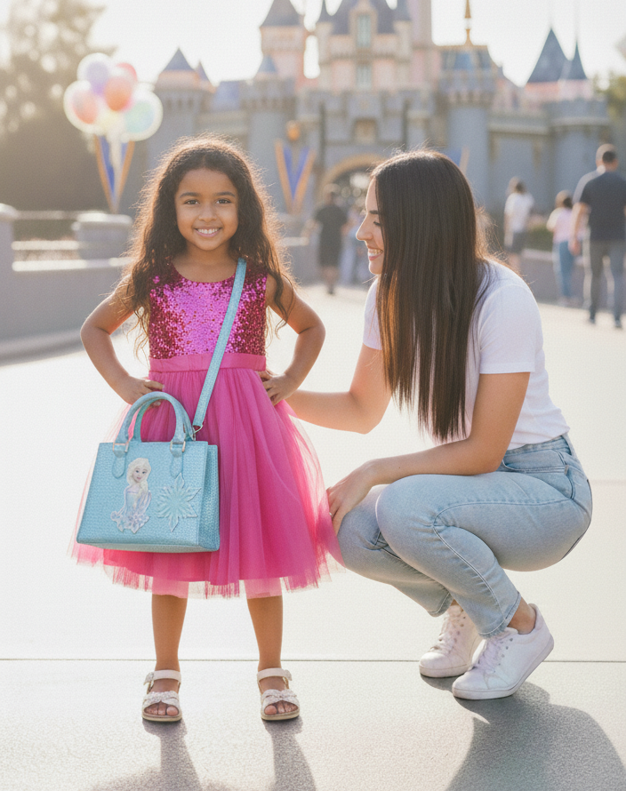 Woman and child in front of a castle with balloons, woman holding a blue handbag.