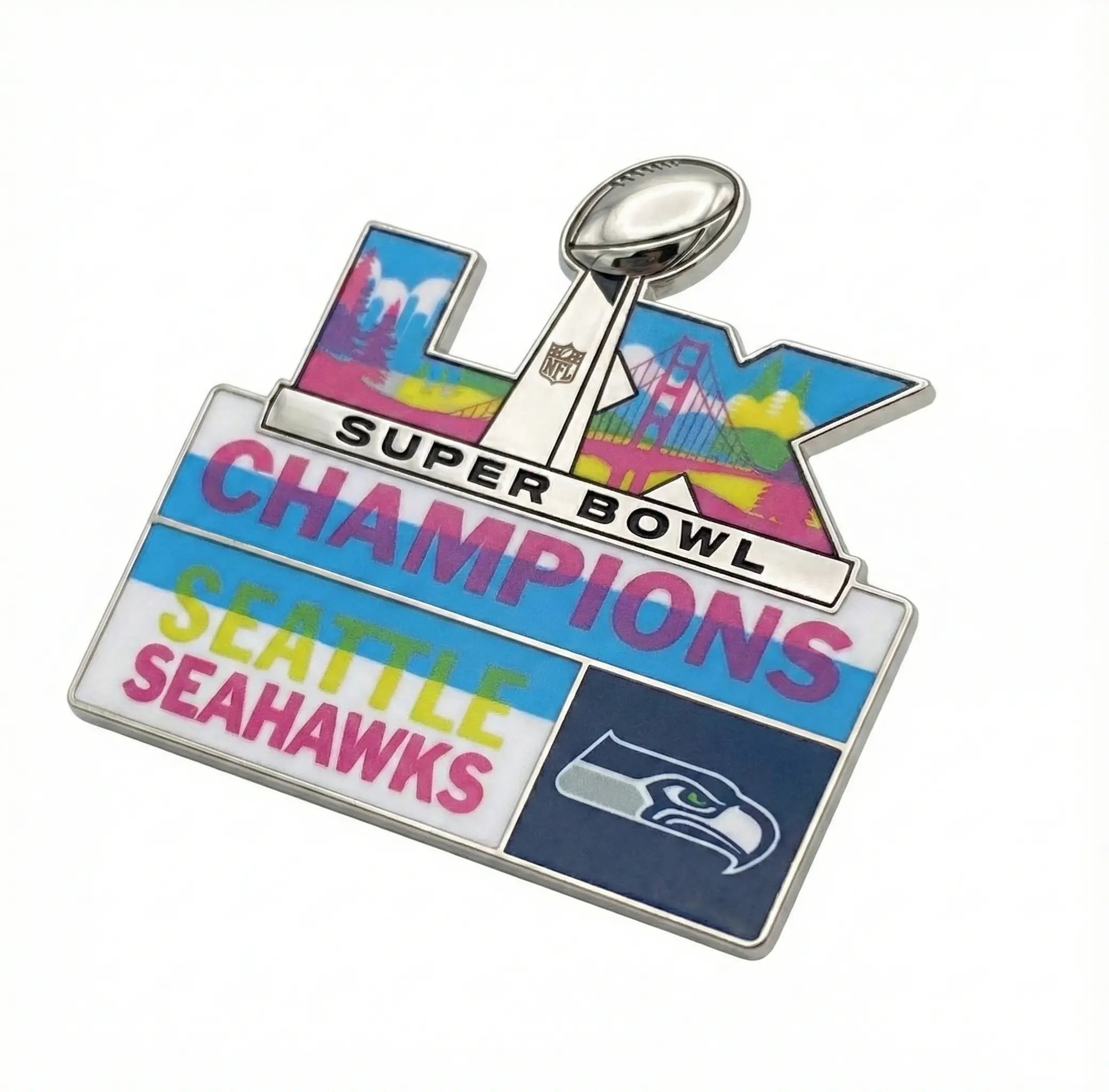 Super Bowl Champions Seattle Seahawks pin with trophy and colorful design on a white background