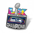 Super Bowl Champions badge with Seahawks logo on a white background