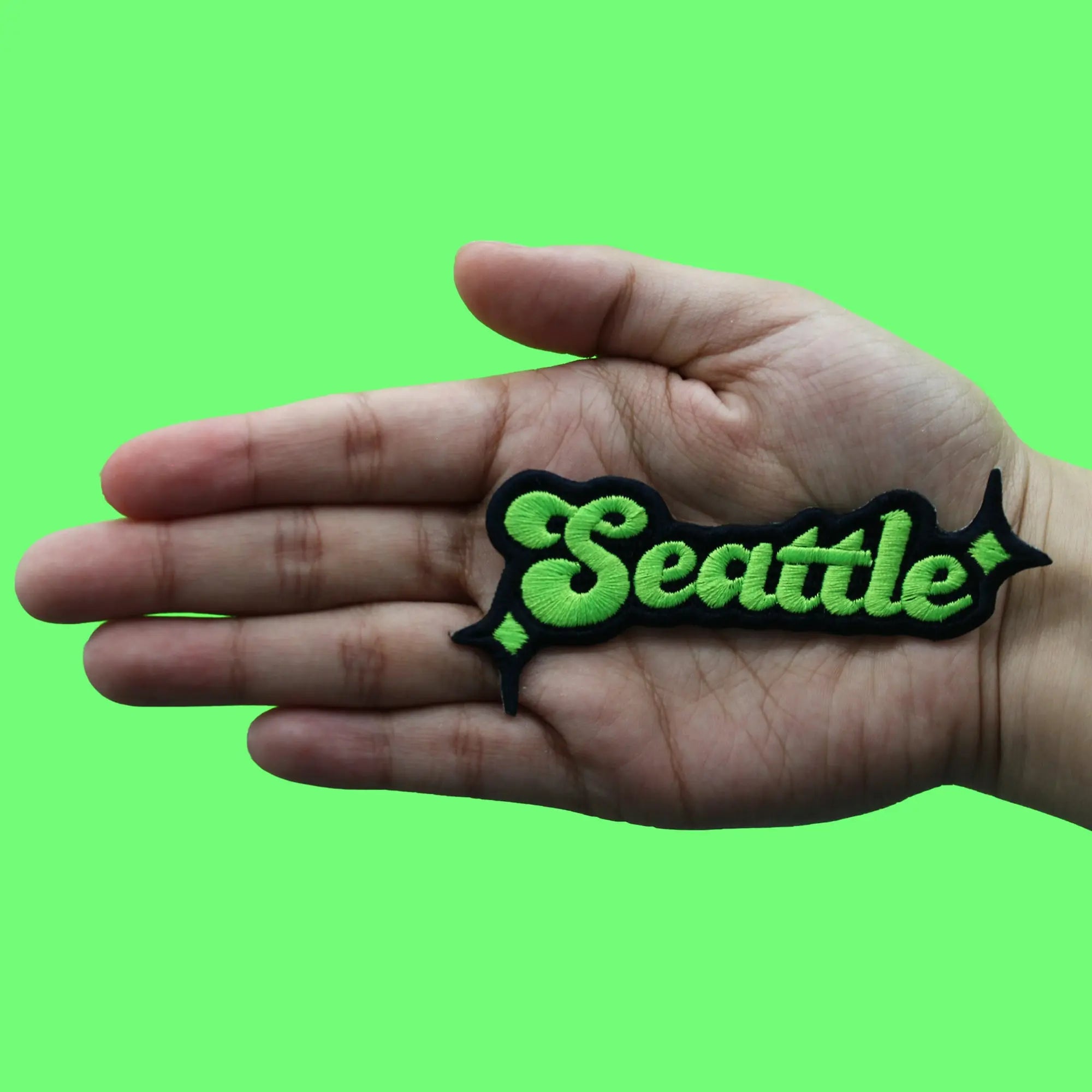 Seattle Sparkle Script Patch Neon Green/Navy Blue Football Sports Embroidered Iron On