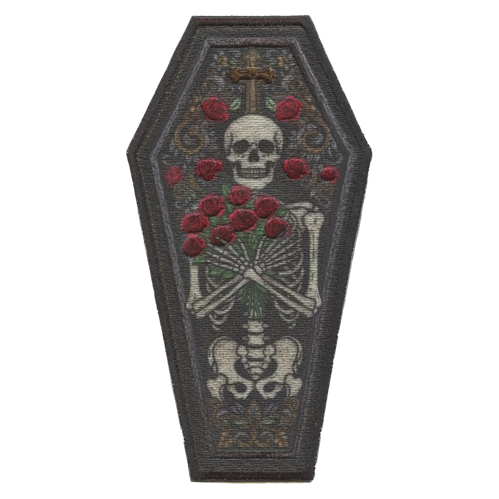 Skeleton Laying in Coffin Patch With Roses Bones Body Sublimated Embroidered Iron On