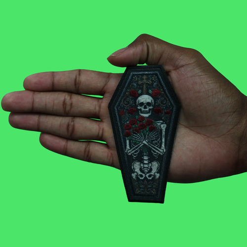 Skeleton Laying in Coffin Patch With Roses Bones Body Sublimated Embroidered Iron On