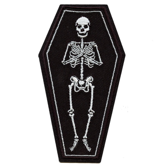 Skelton Laying in Coffin Patch Spooky Bones Body Embroidered Iron On