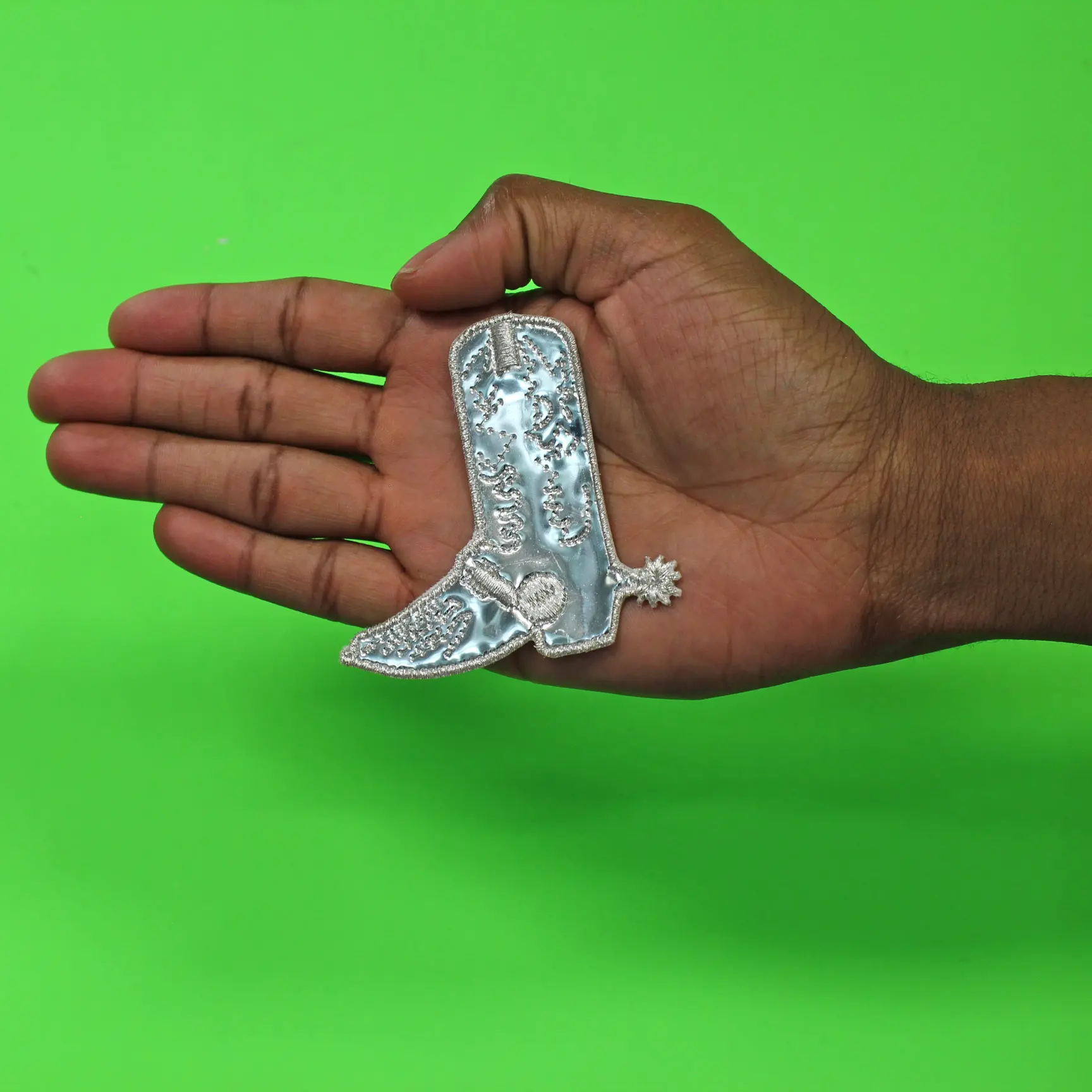 Southern Cowgirl Silver Boot Patch Chrome Cutesy Western Embroidered Iron On