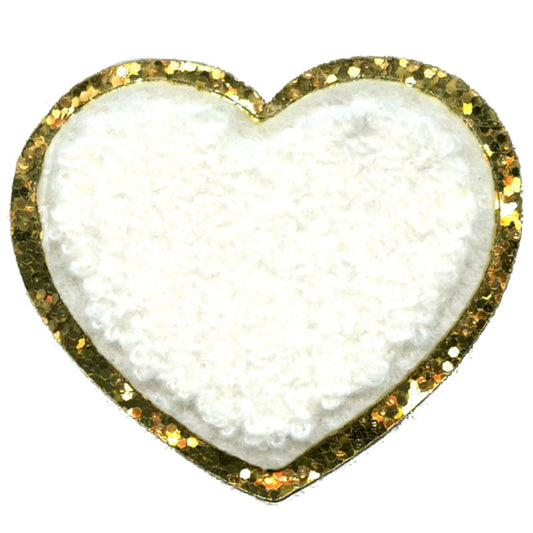 Lovely White Heart Patch Cute Golden Girly Chenille Iron On