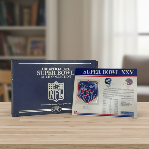 Super Bowl XXV patch collection packaging on a table