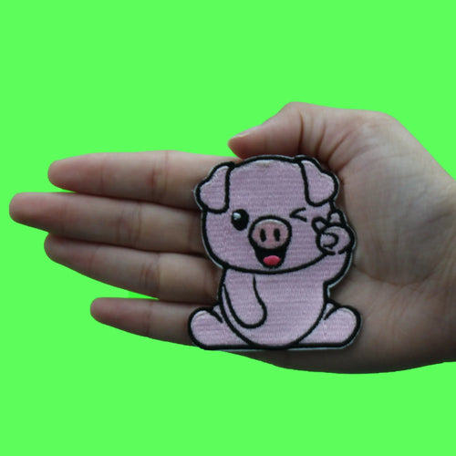 Winking Peace Pig  Patch Cute Cartoon Mammal Embroidered Iron On