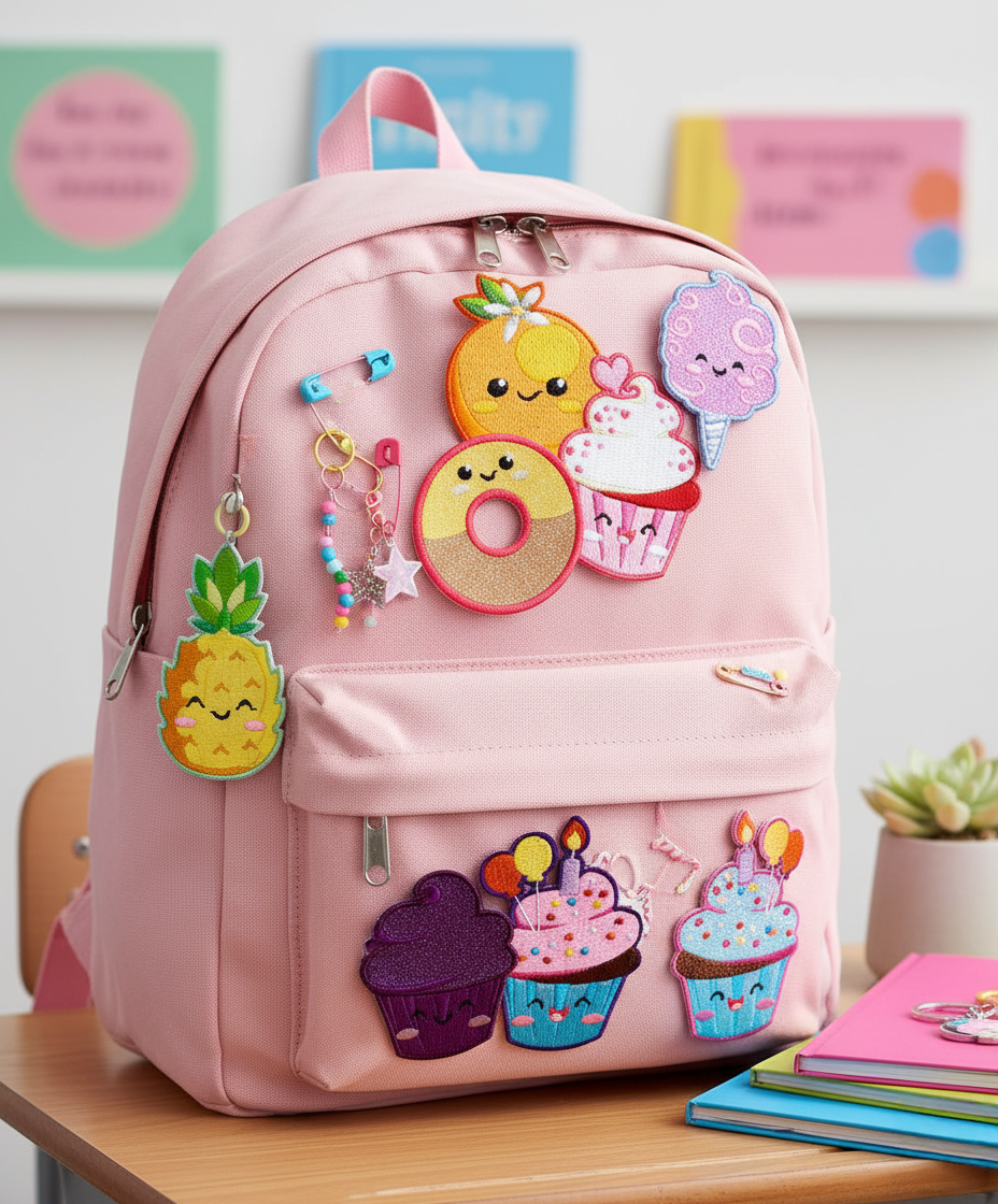 Pink backpack with colorful patches on a desk