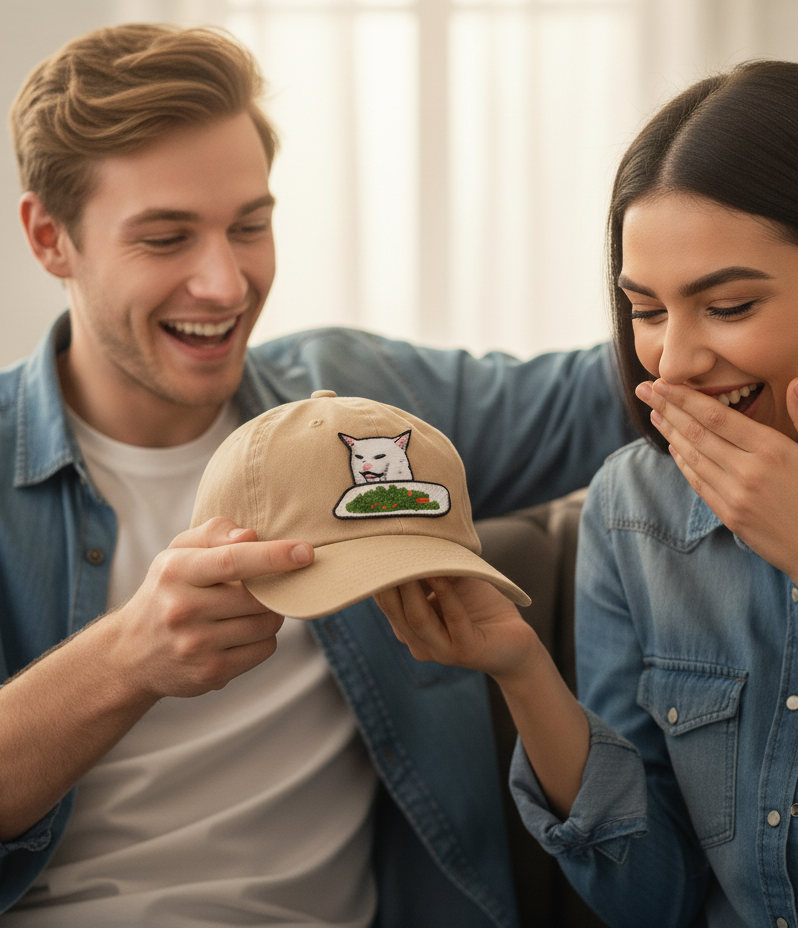Two people laughing together, one holding a beige cap with a design on it.