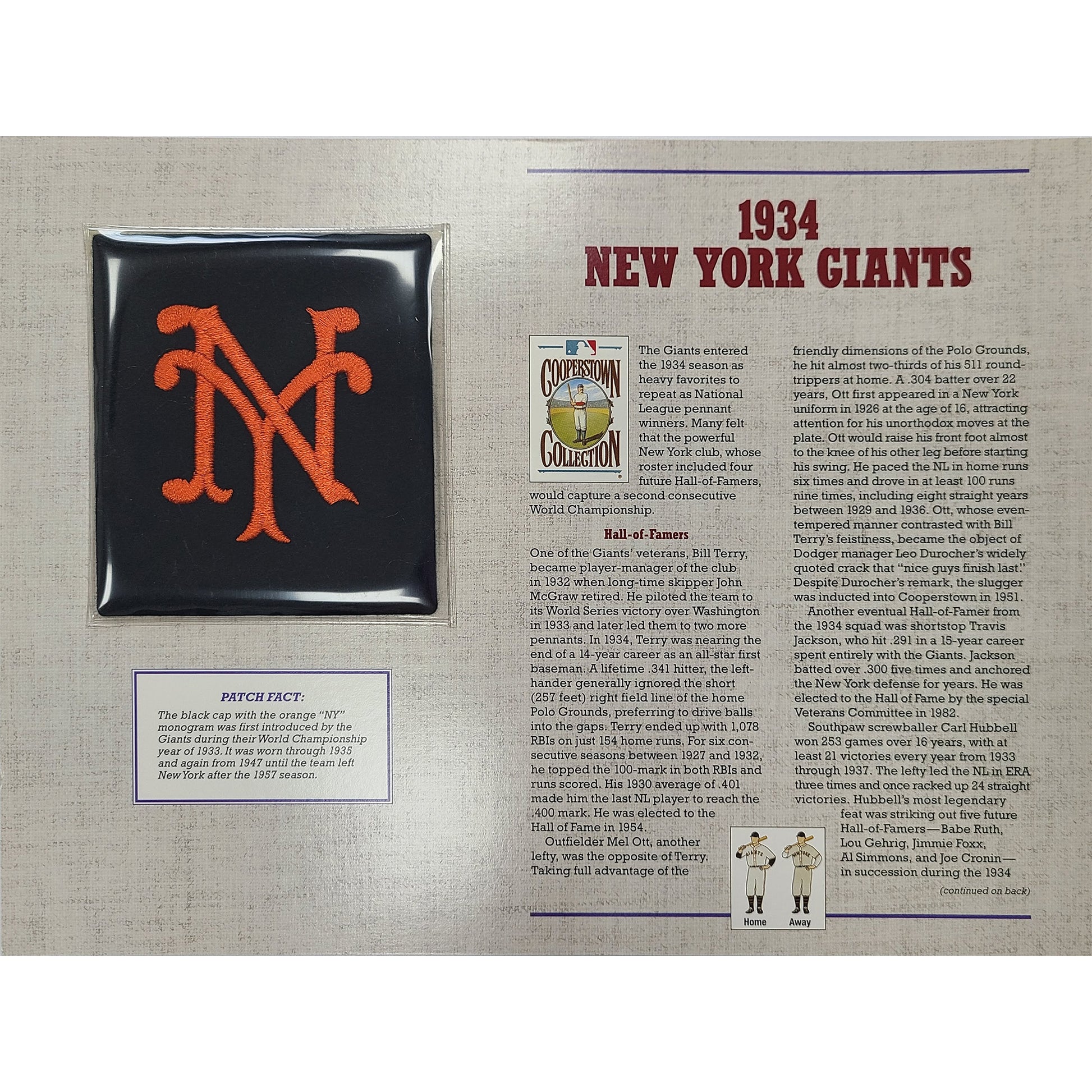 1934 New York Giants Willabee & Ward Patch With Stat Card 