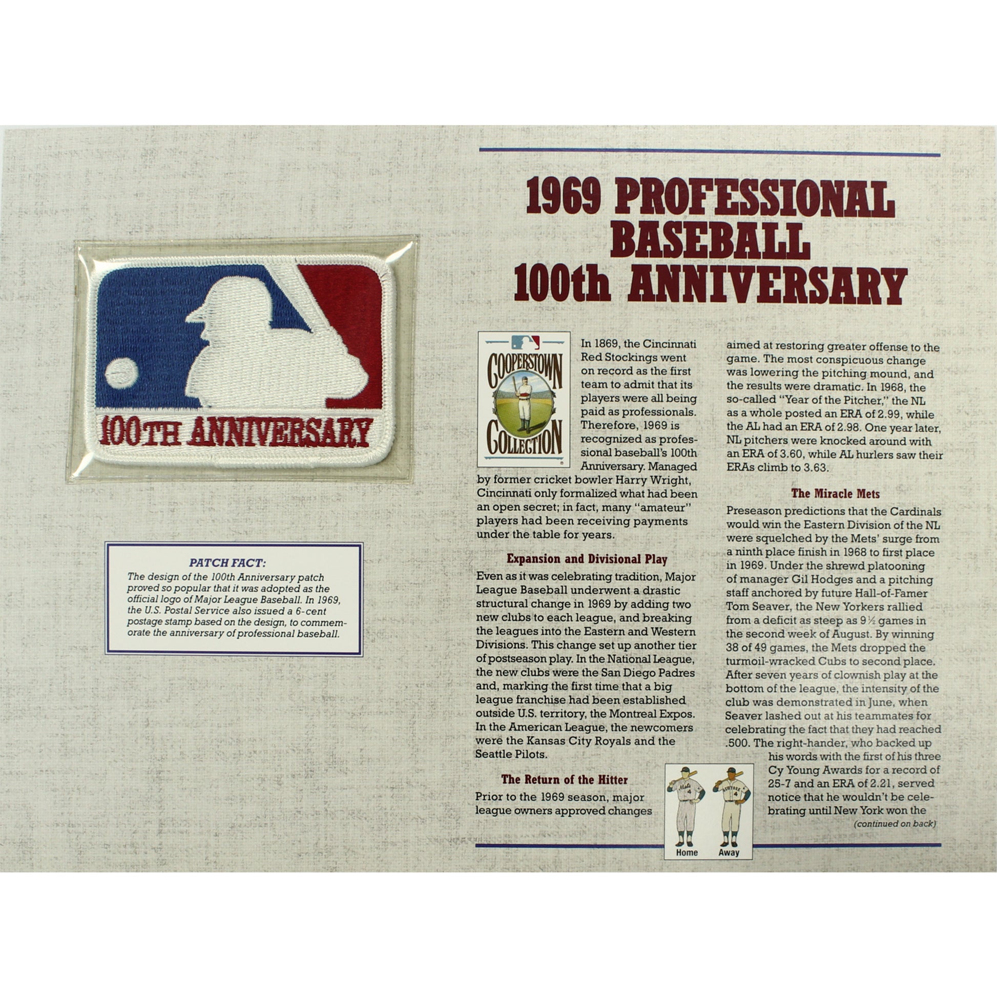 1969 Professional Baseball 100th Anniversary Willabee & Ward Patch With Stat Card 