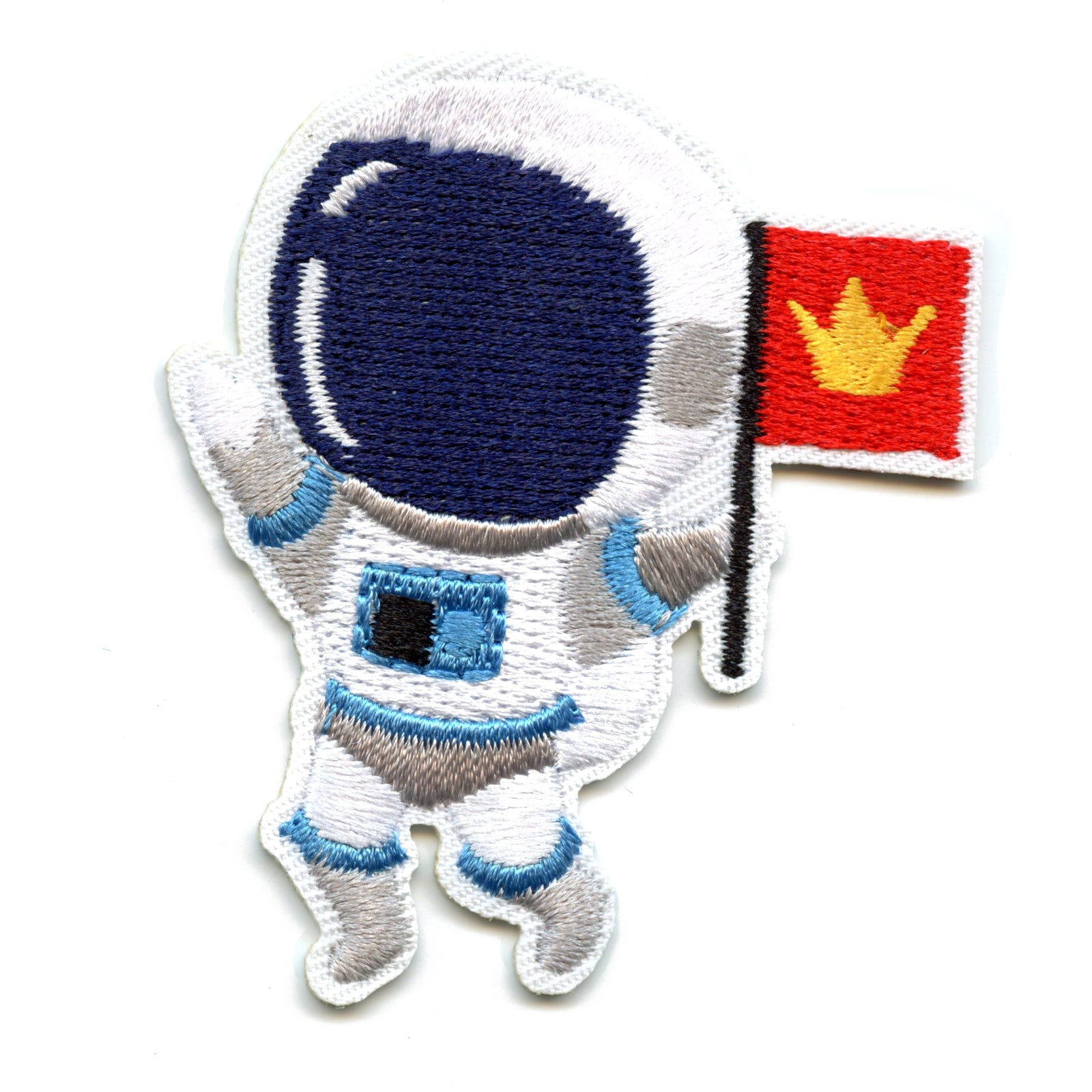 Small Blue Astronaut Holding A Red Flag With Gold Crown Embroidered Iron On Patch