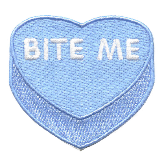 Bite Me Candy Heart Patch Valentines Day Blue Embroidered Iron On 