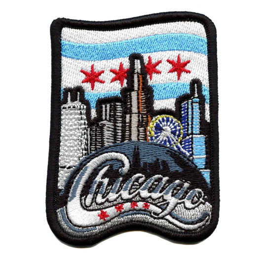 Chicago Skyline Waving Flag Patch Illinois Downtown City Embroidered Iron On
