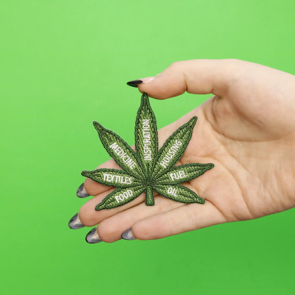 Green Helpful Hemp Marijuana Leaf Embroidered Iron On Patch