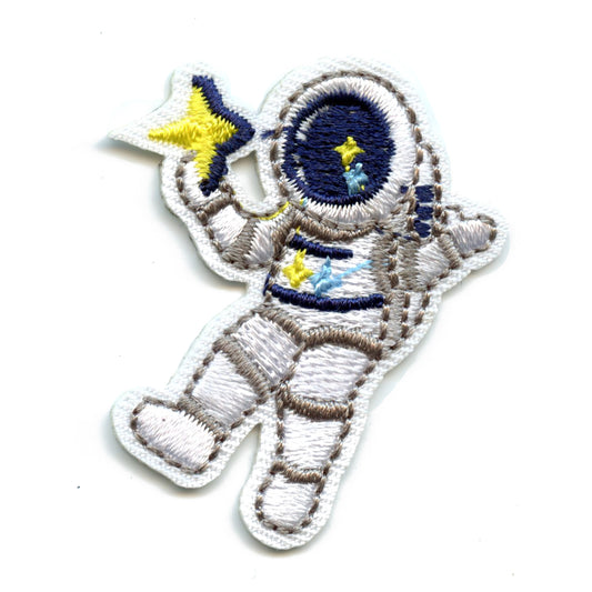 Small Grey Astronaut Holding A Star Embroidered Iron On Patch 