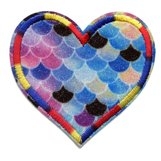 Heart With Dark Blue Glitter Mermaid Scales Colorful Border Iron On Glitter Sparkle Patch Bling 