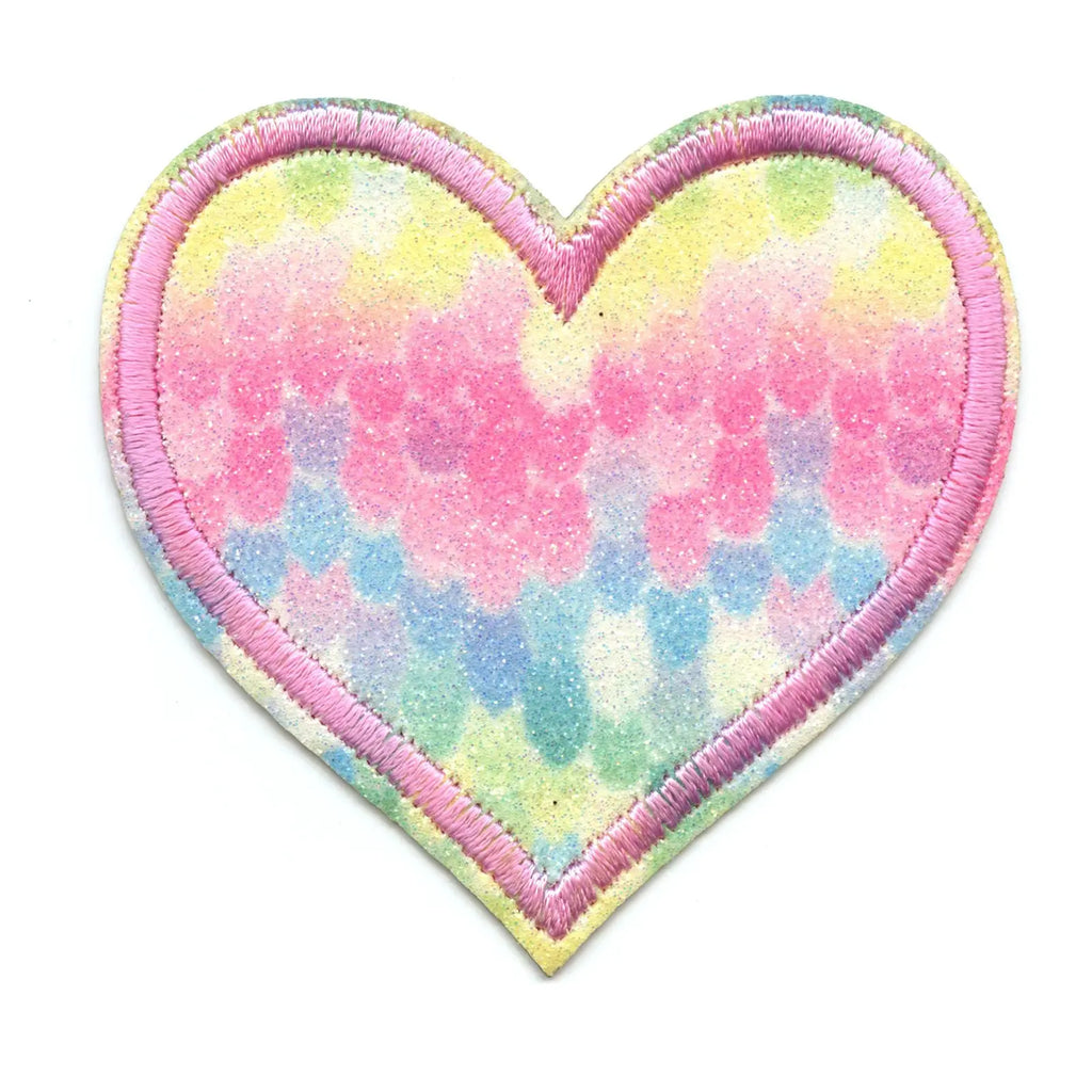 Heart With Pink Rainbow Mermaid Scales & Pink Border Iron On Glitter Sparkle Patch Bling