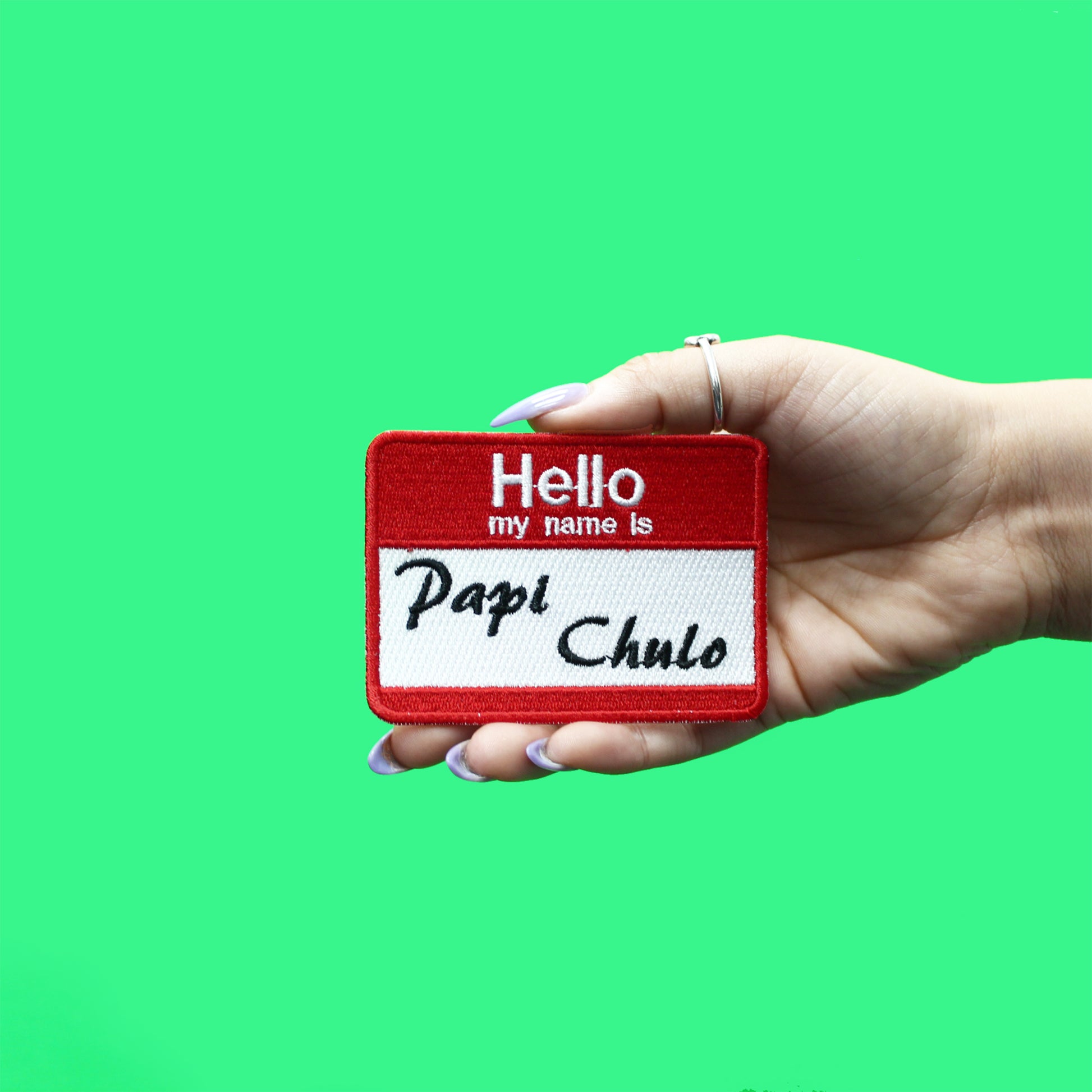 Hello My Name Is "Papi Chulo" Patch Name Tag Embroidered Iron On 