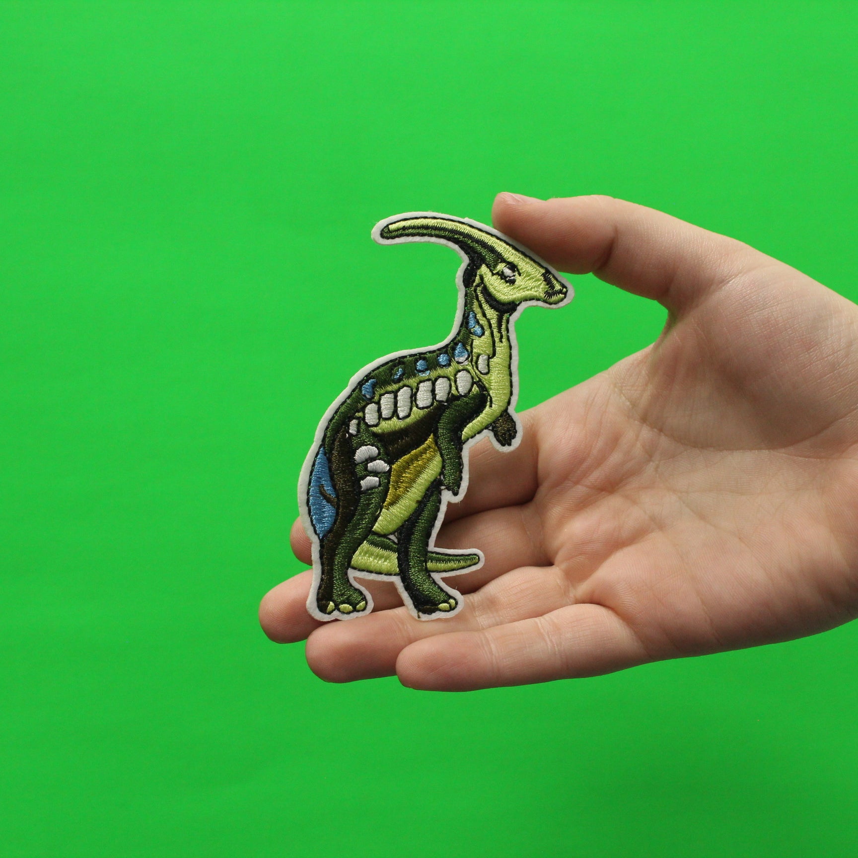 Parasaurolophus Green and Blue Standing Dinosaur Embroidered Iron on Patch 
