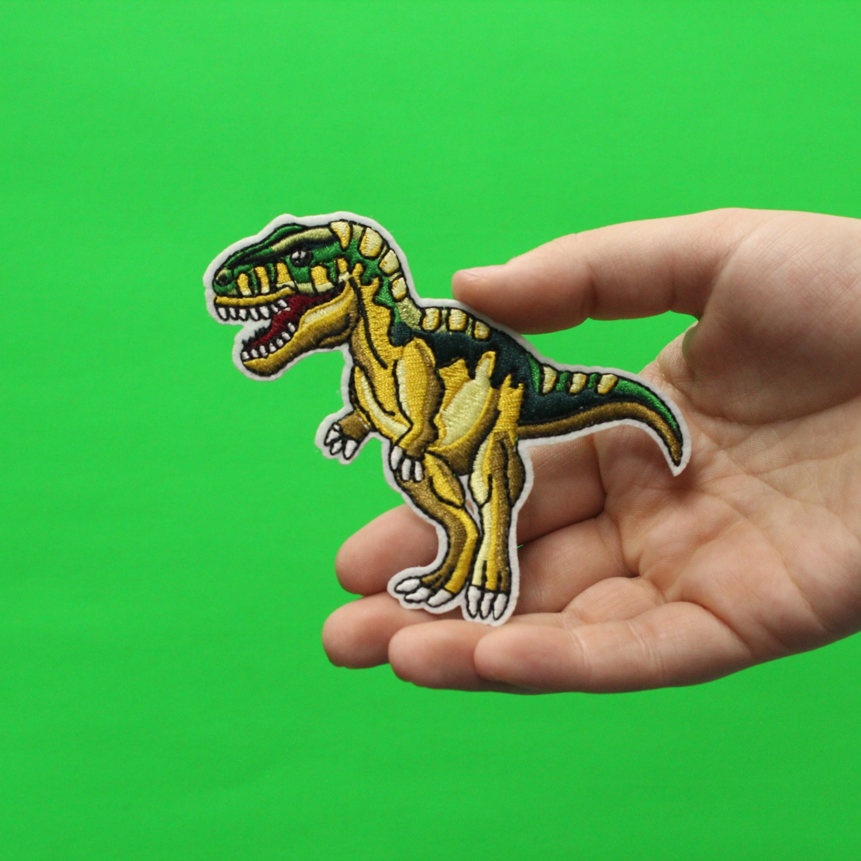 T-Rex Standing Green And Yellow Dinosaur Embroidered Iron On Patch 