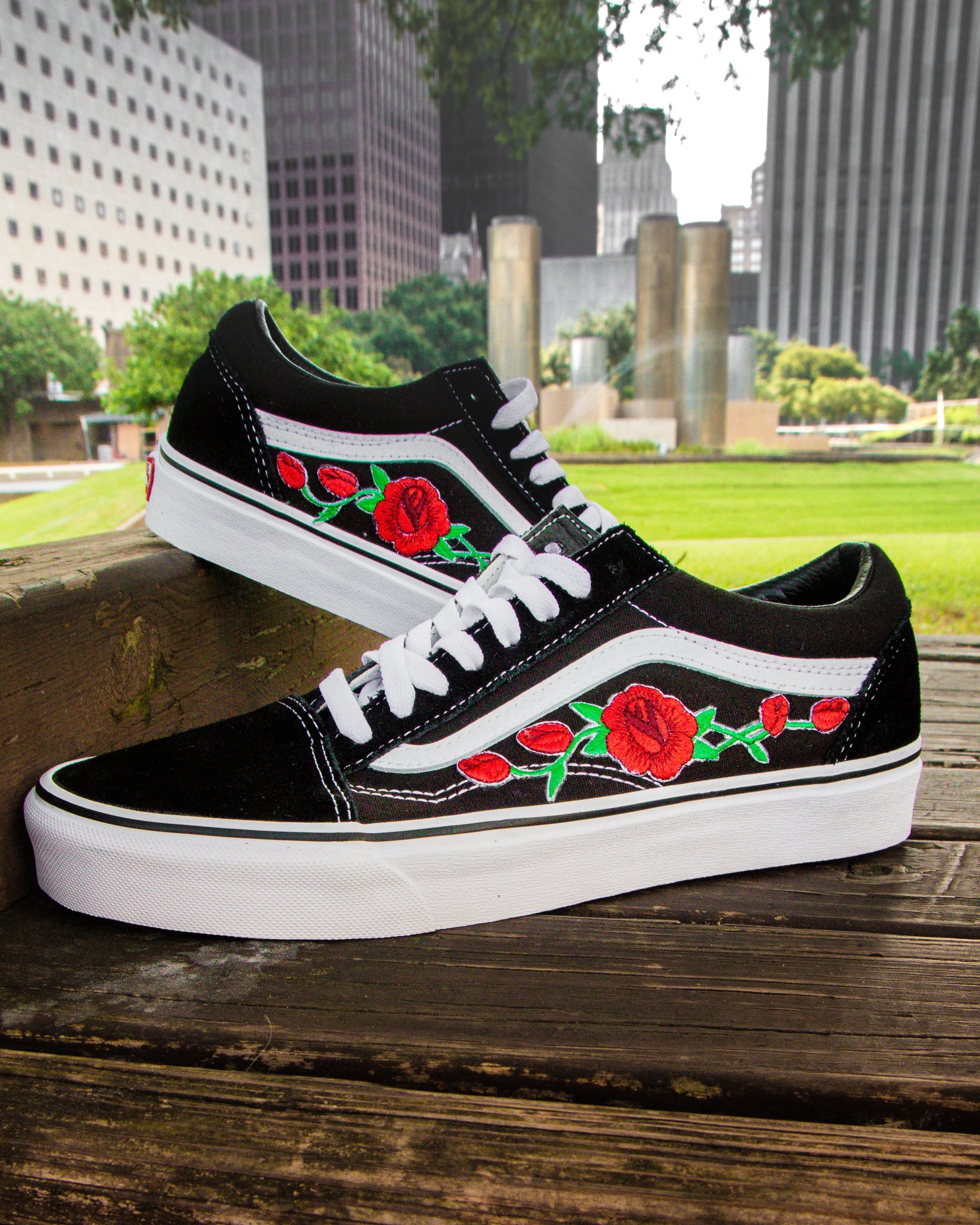 Vans Black Old Skool Red Rose Custom Handmade Shoes By Patch Collection 